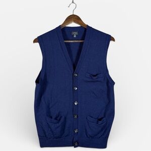 J Crew‎ Sweater Vest Mens Large Blue 100% Merino Wool Button Front Pockets